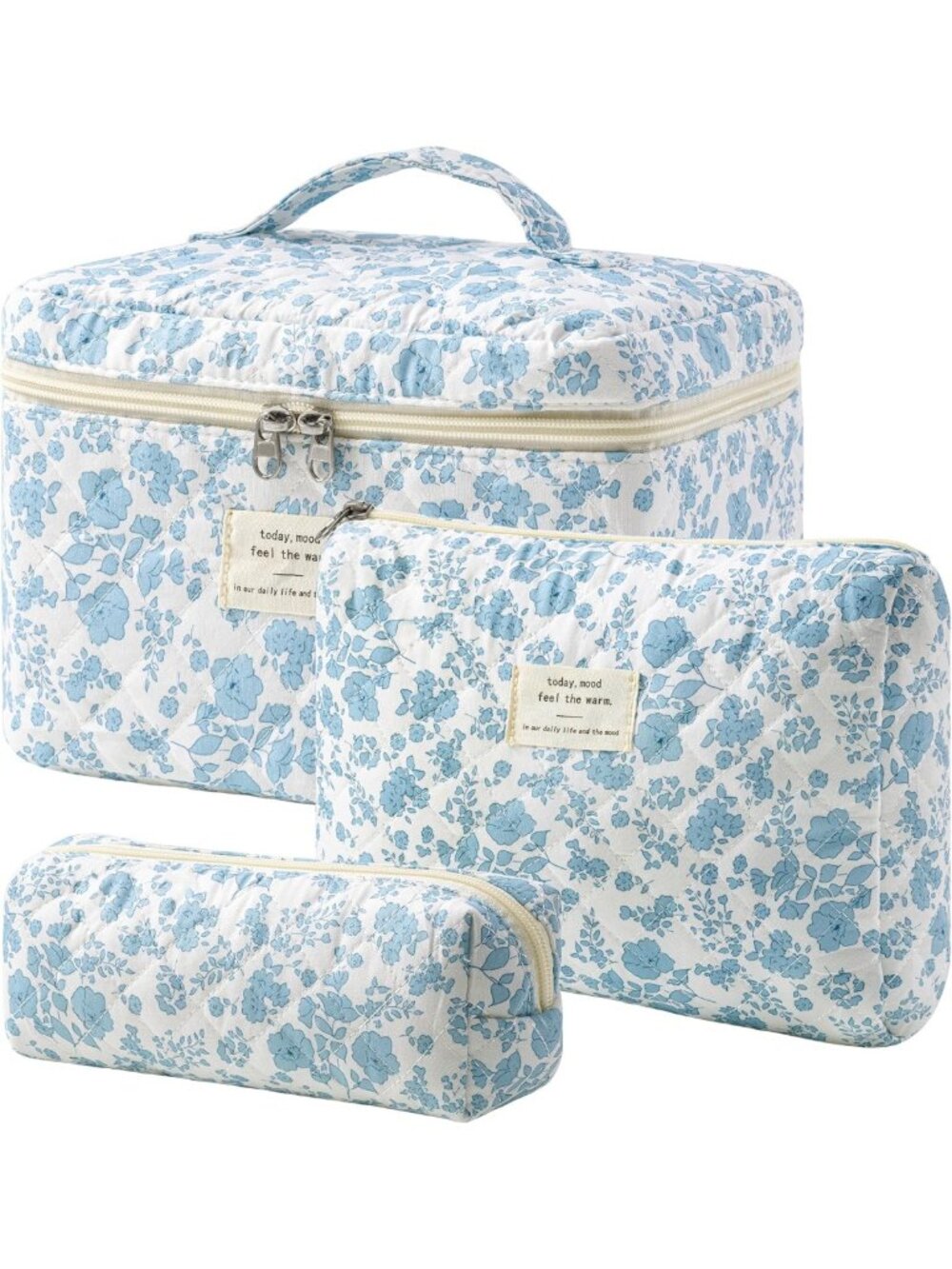 3-Piece Quilted Travel Makeup Bag Set - Large Cotton Organizer for Cosmetics